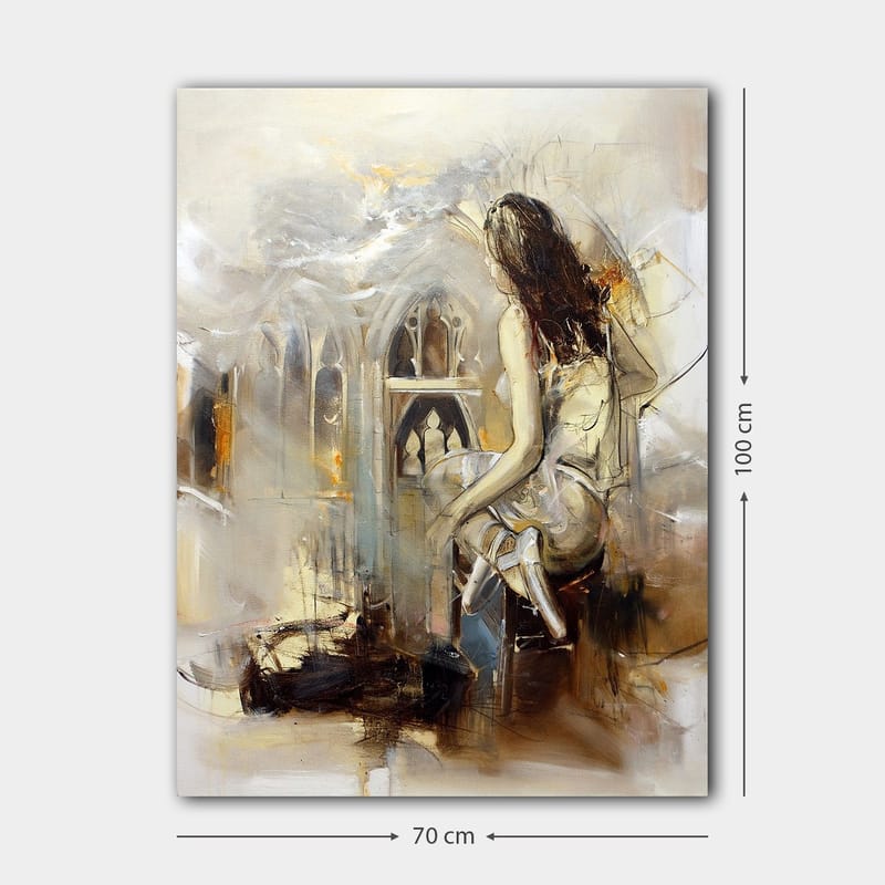 Canvastavla 70x100 cm - Kvinna sitter på en bänk och blickar ut mot en gotisk arkitektur - Beige / Brunt / Guld - Inredning - Tavlor & posters - Canvastavla