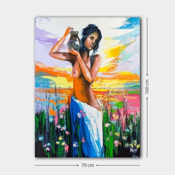 Canvastavla 70x100 cm - Kvinna som bär en kruka, omgiven av blommor och en färgsprakande himmel vid solnedgången - Orange / Blå / Grön - Inredning - Tavlor & posters - Canvastavla