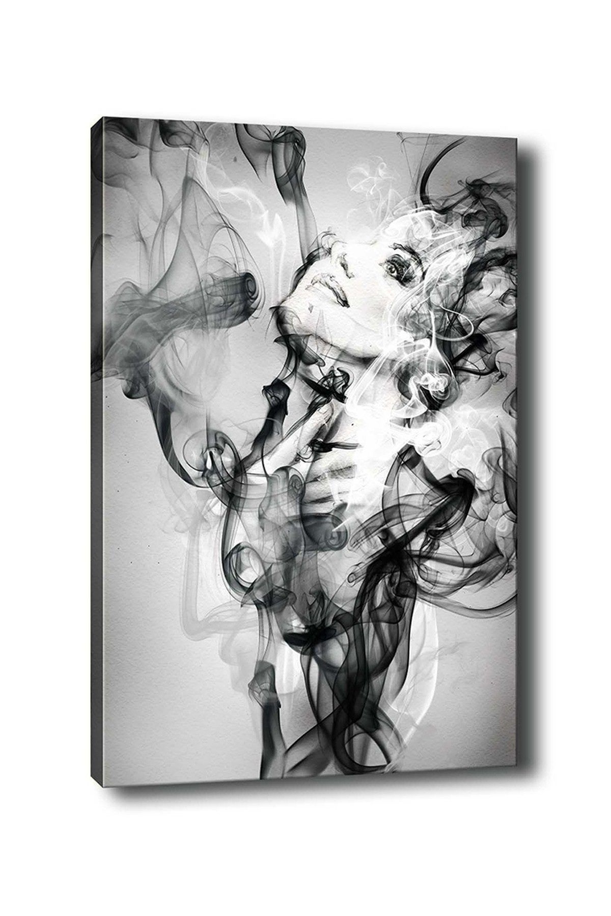 Canvastavla 70x100 cm - Kvinna som framträder ur svävande rökformationer - Svart / Grå / Vit