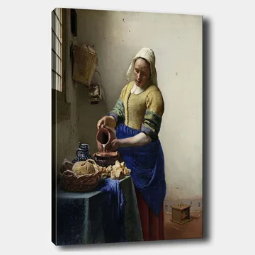 Canvastavla 70x100 cm - Kvinna som häller mjölk i en skål i ett ljust kök - Blå / Gul / Brun - Inredning - Tavlor & posters - Canvastavla