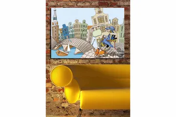 Canvastavla 70x100 cm - Kvinna på en cykel med en hund och en katt, omgiven av färgglada hus och en bro - Blå / Grön / Orange - Inredning - Tavlor & posters - Canvastavla