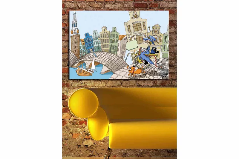 Canvastavla 70x100 cm - Kvinna på en cykel med en hund och en katt, omgiven av färgglada hus och en bro - Blå / Grön / Orange - Inredning - Tavlor & posters - Canvastavla