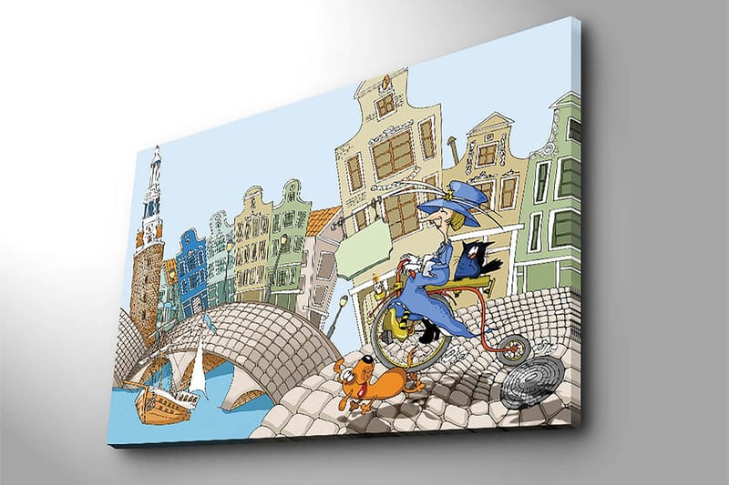 Canvastavla 70x100 cm - Kvinna på en cykel med en hund och en katt, omgiven av färgglada hus och en bro - Blå / Grön / Orange - Inredning - Tavlor & posters - Canvastavla