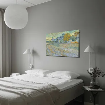 Canvastavla 70x100 cm - Landskapsmålning med hus och träd i en harmonisk och färgglad miljö - Blå / Gul / Grön - Inredning - Tavlor & posters - Canvastavla