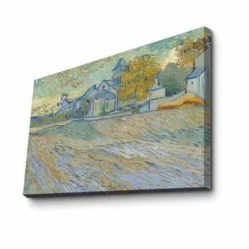 Canvastavla 70x100 cm - Landskapsmålning med hus och träd i en harmonisk och färgglad miljö - Blå / Gul / Grön - Inredning - Tavlor & posters - Canvastavla