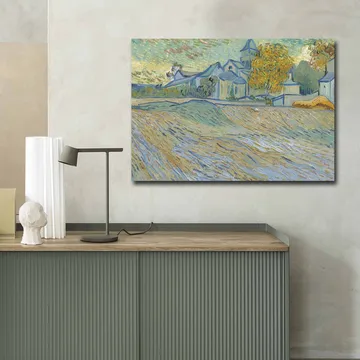 Canvastavla 70x100 cm - Landskapsmålning med hus och träd i en harmonisk och färgglad miljö - Blå / Gul / Grön - Inredning - Tavlor & posters - Canvastavla