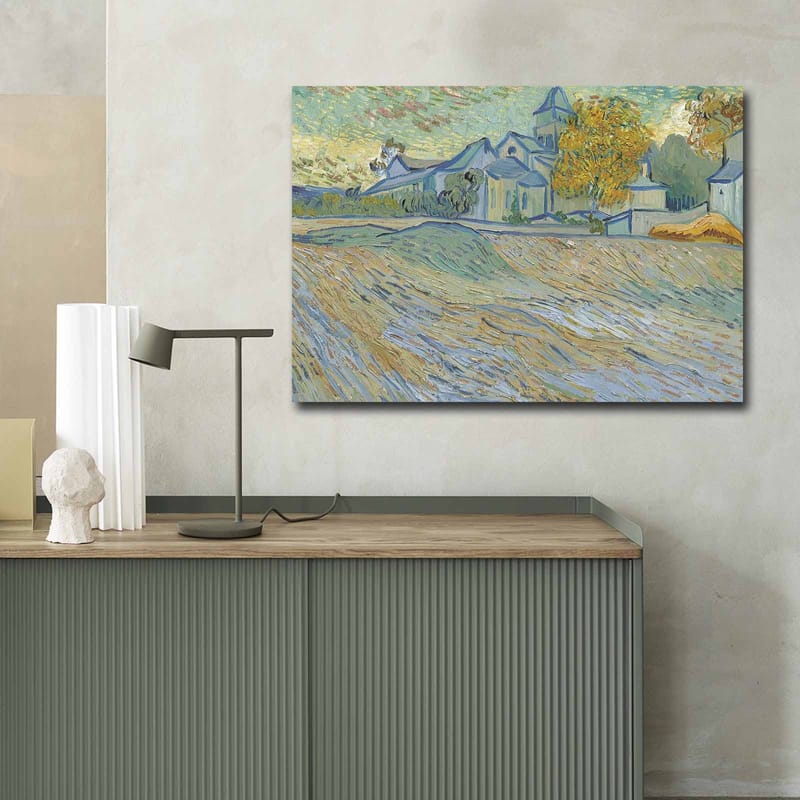 Canvastavla 70x100 cm - Landskapsmålning med hus och träd i en harmonisk och färgglad miljö - Blå / Gul / Grön - Inredning - Tavlor & posters - Canvastavla