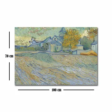 Canvastavla 70x100 cm - Landskapsmålning med hus och träd i en harmonisk och färgglad miljö - Blå / Gul / Grön - Inredning - Tavlor & posters - Canvastavla