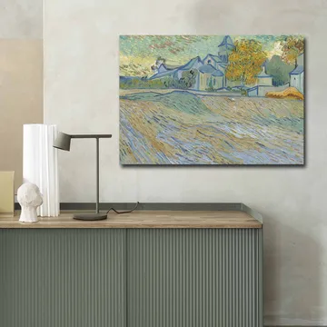 Canvastavla 70x100 cm - Landskapsmålning med hus och träd i en harmonisk och färgglad miljö - Blå / Gul / Grön - Inredning - Tavlor & posters - Canvastavla