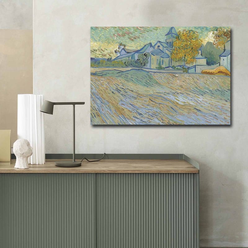 Canvastavla 70x100 cm - Landskapsmålning med hus och träd i en harmonisk och färgglad miljö - Blå / Gul / Grön - Inredning - Tavlor & posters - Canvastavla