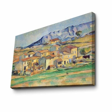 Canvastavla 70x100 cm - Landskapsmålning med pittoreska hus omgivna av gröna fält och berg i bakgrunden - Gult / Grönt / Blått - Inredning - Tavlor & posters - Canvastavla