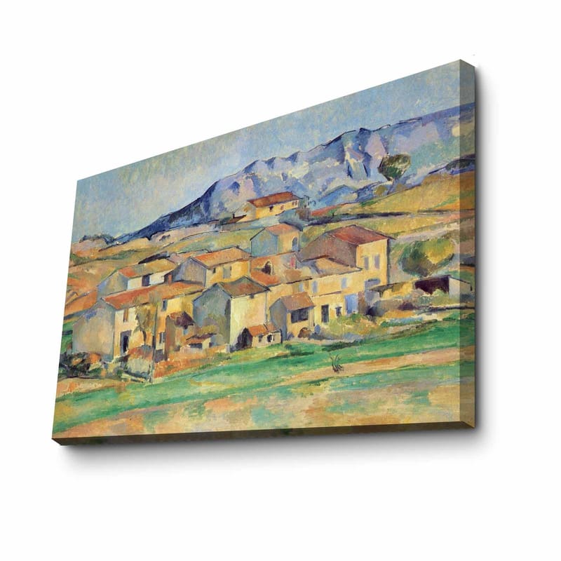 Canvastavla 70x100 cm - Landskapsmålning med pittoreska hus omgivna av gröna fält och berg i bakgrunden - Gult / Grönt / Blått - Inredning - Tavlor & posters - Canvastavla