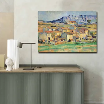 Canvastavla 70x100 cm - Landskapsmålning med pittoreska hus omgivna av gröna fält och berg i bakgrunden - Gult / Grönt / Blått - Inredning - Tavlor & posters - Canvastavla