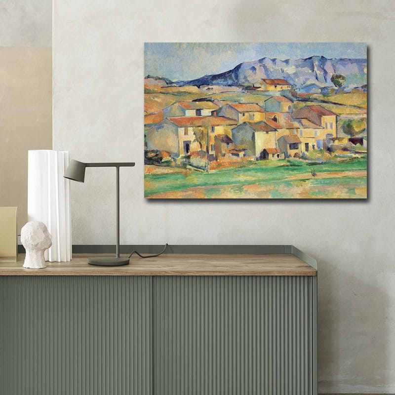 Canvastavla 70x100 cm - Landskapsmålning med pittoreska hus omgivna av gröna fält och berg i bakgrunden - Gult / Grönt / Blått - Inredning - Tavlor & posters - Canvastavla