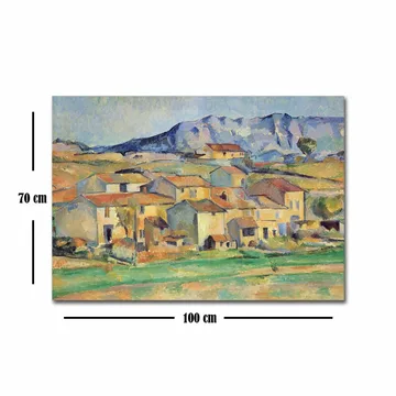 Canvastavla 70x100 cm - Landskapsmålning med pittoreska hus omgivna av gröna fält och berg i bakgrunden - Gult / Grönt / Blått - Inredning - Tavlor & posters - Canvastavla