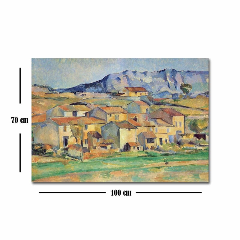 Canvastavla 70x100 cm - Landskapsmålning med pittoreska hus omgivna av gröna fält och berg i bakgrunden - Gult / Grönt / Blått - Inredning - Tavlor & posters - Canvastavla