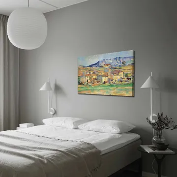 Canvastavla 70x100 cm - Landskapsmålning med pittoreska hus omgivna av gröna fält och berg i bakgrunden - Gult / Grönt / Blått - Inredning - Tavlor & posters - Canvastavla