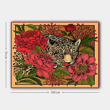 Canvastavla 70x100 cm - Leopard omgiven av färgglada blommor och gröna blad - Röd / Grön / Beige - Inredning - Tavlor & posters - Canvastavla