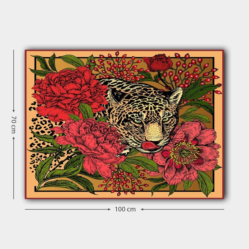 Canvastavla 70x100 cm - Leopard omgiven av färgglada blommor och gröna blad - Röd / Grön / Beige - Inredning - Tavlor & posters - Canvastavla