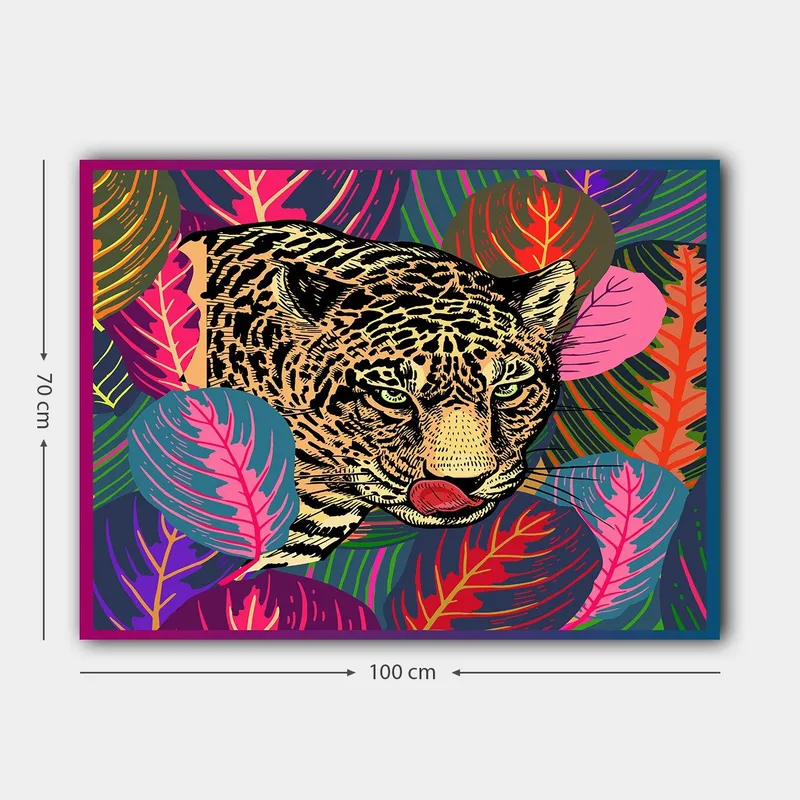 Canvastavla 70x100 cm - Leopard som smyger genom färgglada tropiska växter - Grön / Rosa / Gul - Inredning - Tavlor & posters - Canvastavla