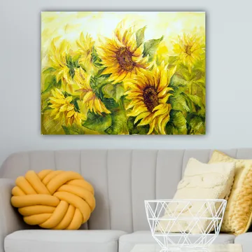 Canvastavla 70x100 cm - Livfull målning av solrosor i olika nyanser av gult och grönt - Gult / Grönt / Brunt - Inredning - Tavlor & posters - Canvastavla