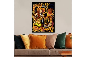 Canvastavla 70x100 cm - Livfull och dynamisk skildring av musiker som spelar olika instrument i en färgstark komposition - Guld / Svart / Röd - Inredning - Tavlor & posters - Canvastavla