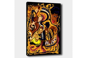 Canvastavla 70x100 cm - Livfull och dynamisk skildring av musiker som spelar olika instrument i en färgstark komposition - Guld / Svart / Röd - Inredning - Tavlor & posters - Canvastavla