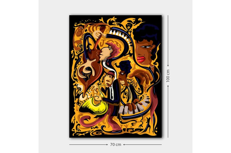 Canvastavla 70x100 cm - Livfull och dynamisk skildring av musiker som spelar olika instrument i en färgstark komposition - Guld / Svart / Röd - Inredning - Tavlor & posters - Canvastavla