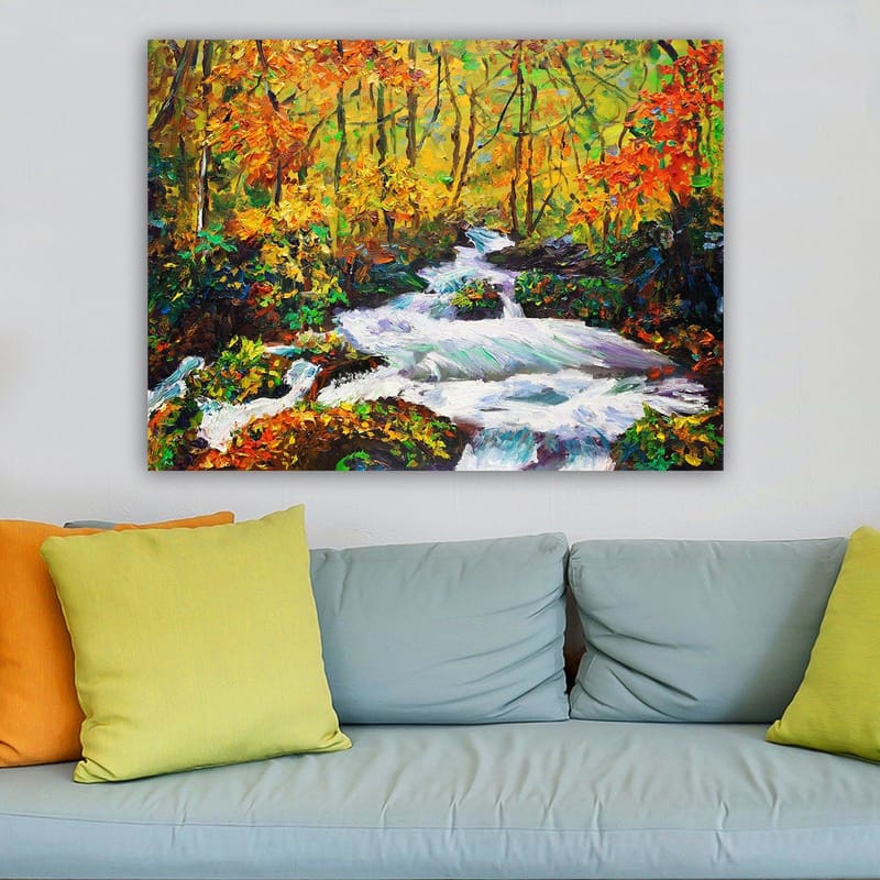 Canvastavla 70x100 cm - Livlig flod som rinner genom en färgsprakande höstskogslandskap - Orange / Grön / Vit - Inredning - Tavlor & posters - Canvastavla