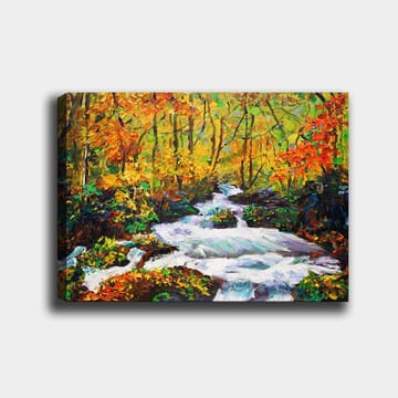 Canvastavla 70x100 cm - Livlig flod som rinner genom en färgsprakande höstskogslandskap - Orange / Grön / Vit - Inredning - Tavlor & posters - Canvastavla
