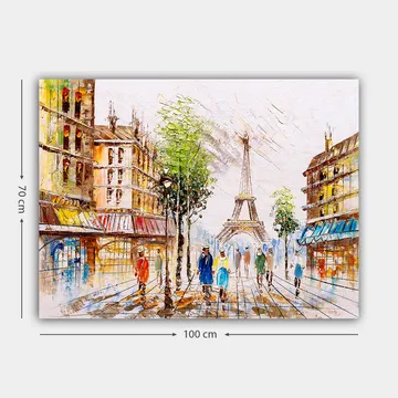 Canvastavla 70x100 cm - Livlig gata i Paris med Eiffeltornet i bakgrunden och människor som promenerar - Grön / Blå / Orange - Inredning - Tavlor & posters - Canvastavla