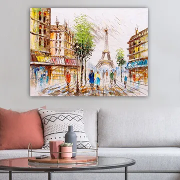 Canvastavla 70x100 cm - Livlig gata i Paris med Eiffeltornet i bakgrunden och människor som promenerar - Grön / Blå / Orange - Inredning - Tavlor & posters - Canvastavla