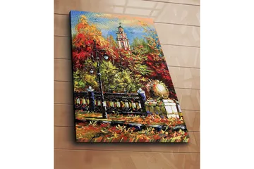 Canvastavla 70x100 cm - Livlig höstscen med en klocktorn i bakgrunden omgiven av färgglada träd och lampor - Röd / Orange / Grön - Inredning - Tavlor & posters - Canvastavla