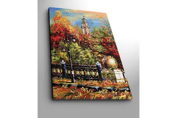 Canvastavla 70x100 cm - Livlig höstscen med en klocktorn i bakgrunden omgiven av färgglada träd och lampor - Röd / Orange / Grön - Inredning - Tavlor & posters - Canvastavla