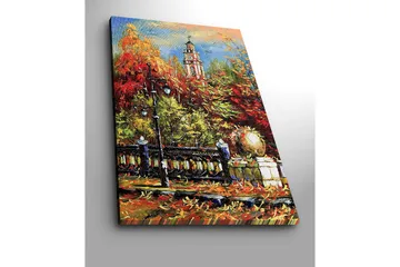 Canvastavla 70x100 cm - Livlig höstscen med en klocktorn i bakgrunden omgiven av färgglada träd och lampor - Röd / Orange / Grön - Inredning - Tavlor & posters - Canvastavla