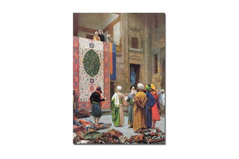 Canvastavla 70x100 cm - Livlig marknadsscen med män som diskuterar och beundrar en stor, färgglad matta - Röd / Grön / Blå - Inredning - Tavlor & posters - Canvastavla