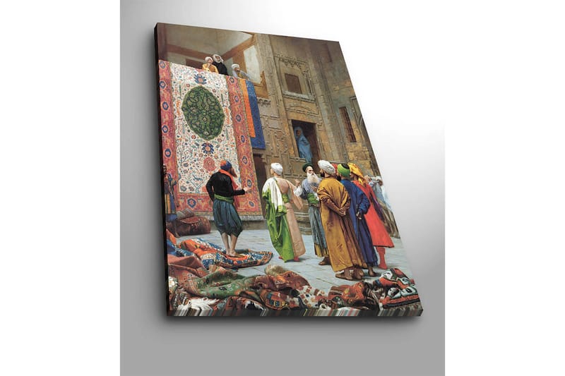 Canvastavla 70x100 cm - Livlig marknadsscen med män som diskuterar och beundrar en stor, färgglad matta - Röd / Grön / Blå - Inredning - Tavlor & posters - Canvastavla