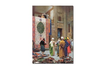 Canvastavla 70x100 cm - Livlig marknadsscen med män som diskuterar och beundrar en stor, färgglad matta - Röd / Grön / Blå - Inredning - Tavlor & posters - Canvastavla