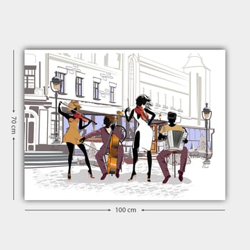 Canvastavla 70x100 cm - Livlig musikgrupp som spelar på en gata, med fokus på fyra musiker och deras instrument - Svart / Röd / Beige - Inredning - Tavlor & posters - Canvastavla