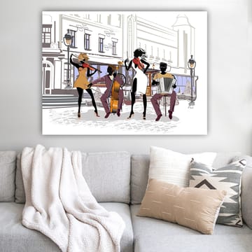 Canvastavla 70x100 cm - Livlig musikgrupp som spelar på en gata, med fokus på fyra musiker och deras instrument - Svart / Röd / Beige - Inredning - Tavlor & posters - Canvastavla