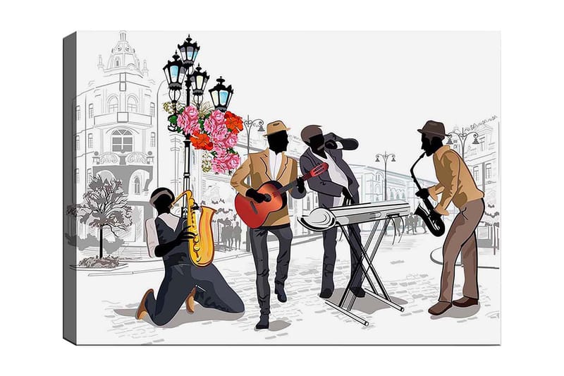 Canvastavla 70x100 cm - Livlig musikscen med fyra musiker som spelar olika instrument på en gata, omgiven av blommor och lampor - Mörkbrun / Röd / Svart - Inredning - Tavlor & posters - Canvastavla