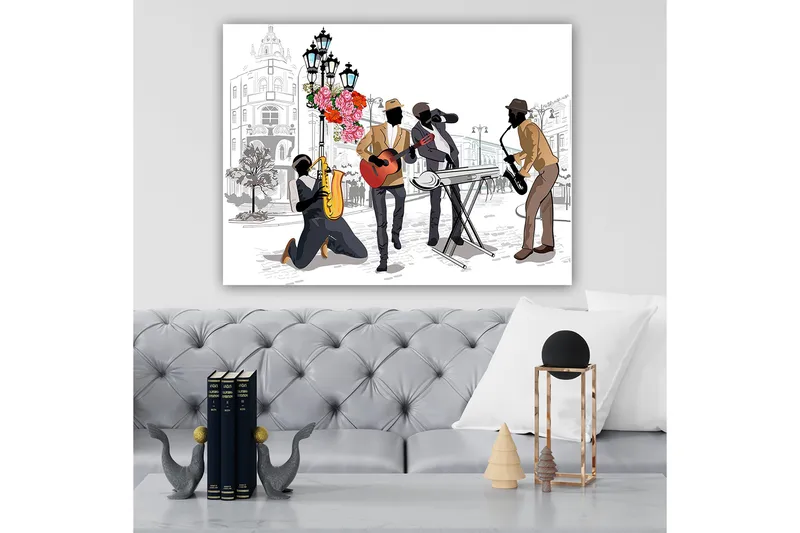Canvastavla 70x100 cm - Livlig musikscen med fyra musiker som spelar olika instrument på en gata, omgiven av blommor och lampor - Mörkbrun / Röd / Svart - Inredning - Tavlor & posters - Canvastavla