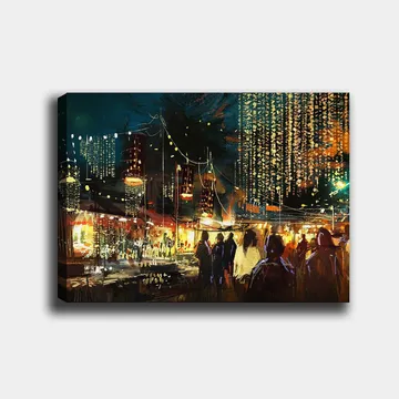 Canvastavla 70x100 cm - Livlig nattmarknad med människor och ljus som skapar en festlig atmosfär - Mörkblå / Guld / Röd - Inredning - Tavlor & posters - Canvastavla