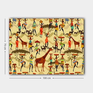 Canvastavla 70x100 cm - Livlig och färgglad scen med människor i traditionella kläder som dansar och interagerar med djur i en afrikansk miljö - Röd / Brun / Grön - Inredning - Tavlor & posters - Canvastavla