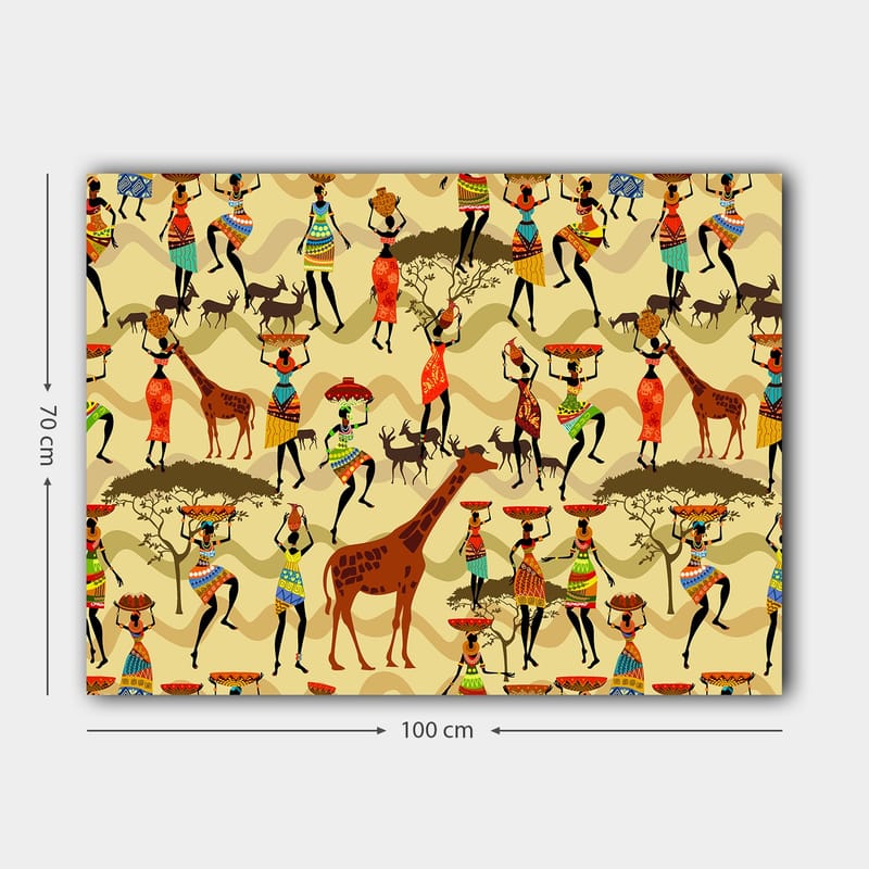 Canvastavla 70x100 cm - Livlig och färgglad scen med människor i traditionella kläder som dansar och interagerar med djur i en afrikansk miljö - Röd / Brun / Grön - Inredning - Tavlor & posters - Canvastavla