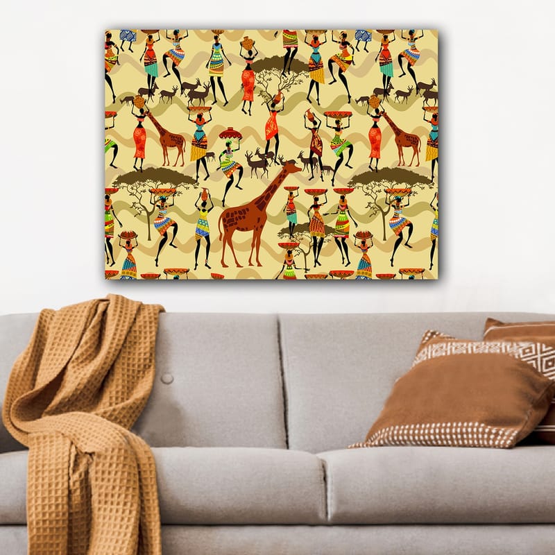 Canvastavla 70x100 cm - Livlig och färgglad scen med människor i traditionella kläder som dansar och interagerar med djur i en afrikansk miljö - Röd / Brun / Grön - Inredning - Tavlor & posters - Canvastavla