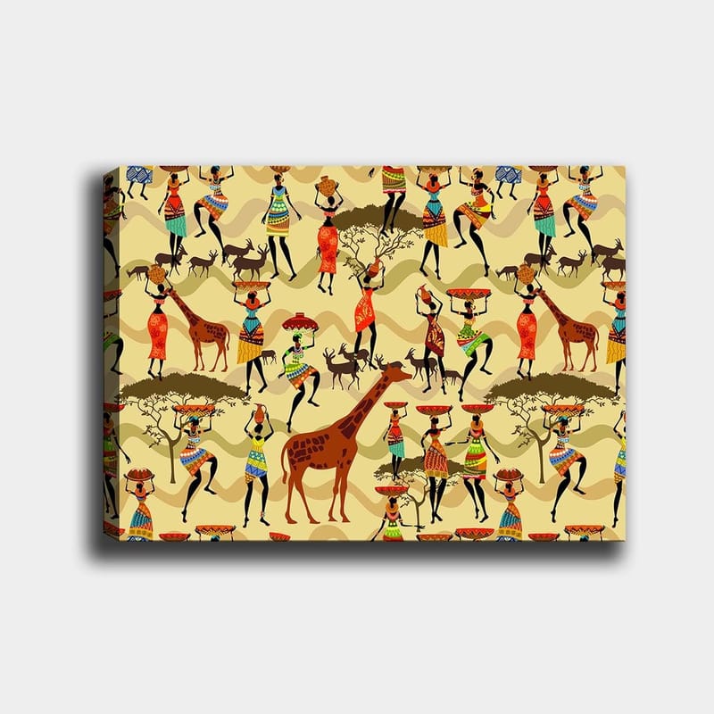 Canvastavla 70x100 cm - Livlig och färgglad scen med människor i traditionella kläder som dansar och interagerar med djur i en afrikansk miljö, Röd / Brun / Grön