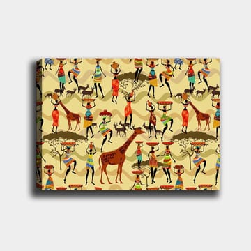 Canvastavla 70x100 cm - Livlig och färgglad scen med människor i traditionella kläder som dansar och interagerar med djur i en afrikansk miljö - Röd / Brun / Grön - Inredning - Tavlor & posters - Canvastavla