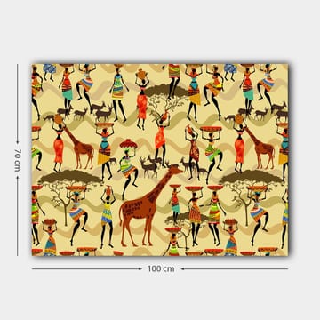 Canvastavla 70x100 cm - Livlig och färgglad scen med människor i traditionella kläder som dansar och interagerar med djur i en afrikansk miljö - Röd / Brun / Grön - Inredning - Tavlor & posters - Canvastavla