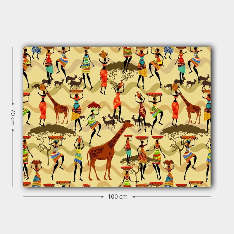 Canvastavla 70x100 cm - Livlig och färgglad scen med människor i traditionella kläder som dansar och interagerar med djur i en afrikansk miljö - Röd / Brun / Grön - Inredning - Tavlor & posters - Canvastavla